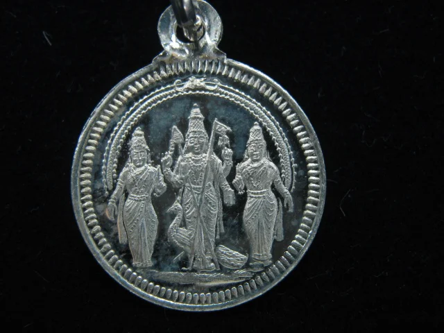 Lord Murugan with Valli & Deivanai Pure Silver Dollar from Sri Karpagambal Jewellery